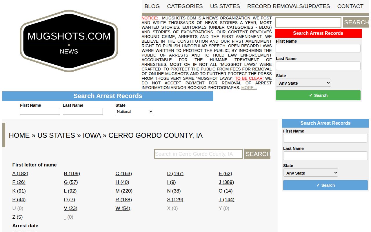Unofficial Mugshots.com Cerro Gordo County historical archive page